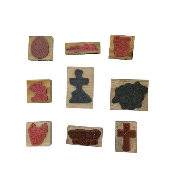 Lot of 9 wooden rubber stamps‎ Easter Rabbit Cross Chicken Egg Phrases - Picture 4 of 5